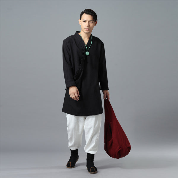 Men Asian Zen Style Long-sleeved Linen and Cotton Tunics