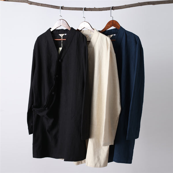 Men Asian Zen Style Long-sleeved Linen and Cotton Tunics