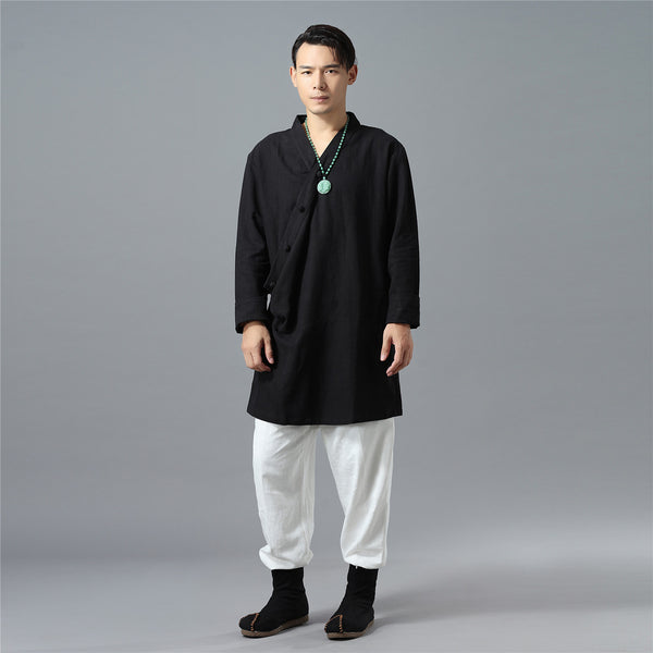 Men Asian Zen Style Long-sleeved Linen and Cotton Tunics