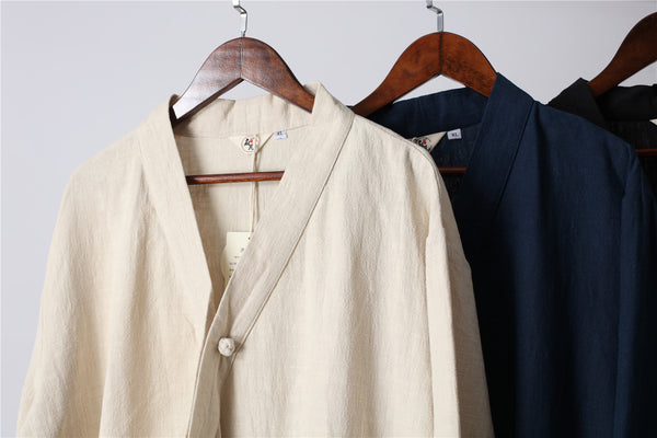 Men Asian Zen Style Long-sleeved Linen and Cotton Tunics