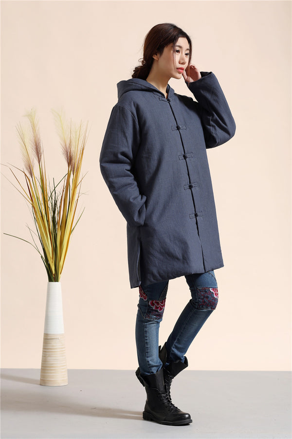 Women Retro Style Causal Middle Length Linen and Cotton Quilted Coat