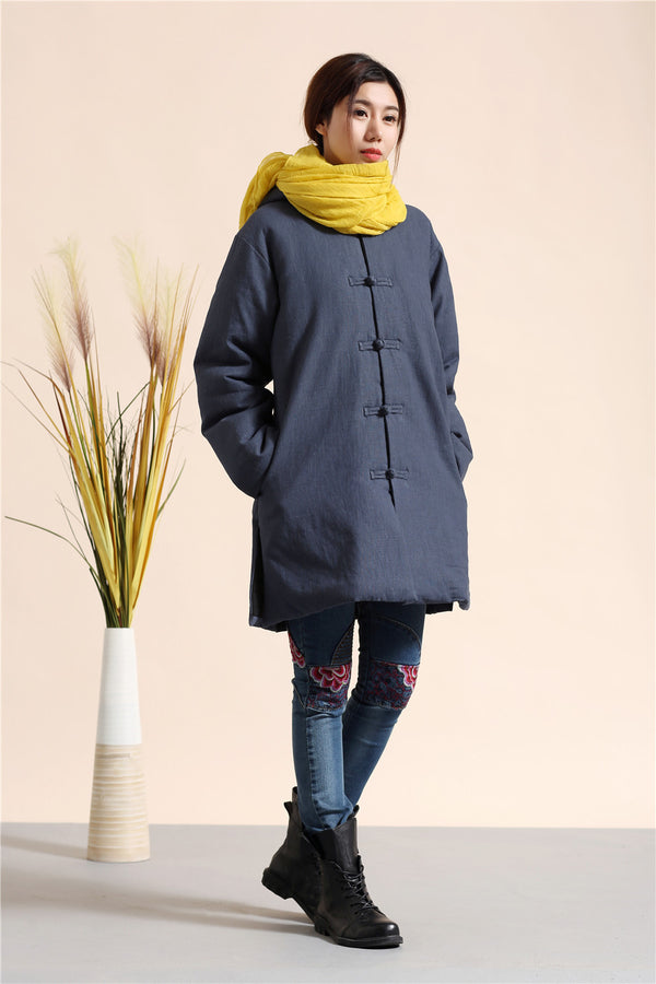Women Retro Style Causal Middle Length Linen and Cotton Quilted Coat