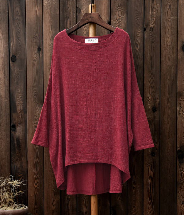 Retro Women cotton and linen Round Neck loose long-sleeved T-shirt