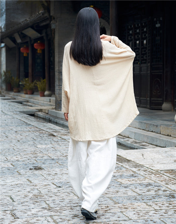 Retro Women cotton and linen Round Neck loose long-sleeved T-shirt