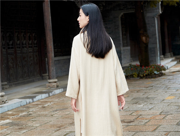 Women KungFu Style Cardigan Retro Buckle Collar Long sleeve Linen and Cotton Coat