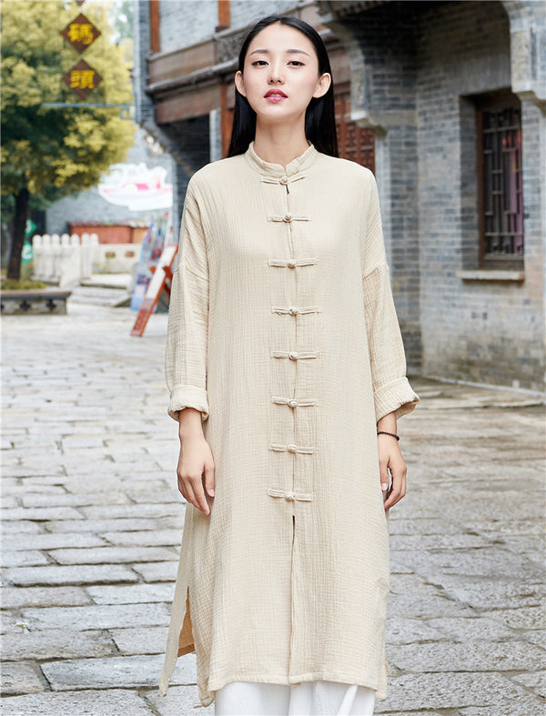 Women Retro Buckle Collar Long Sleeve Linen and Cotton Coat