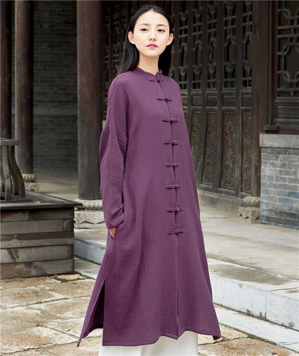 Women Retro Buckle Collar Long Sleeve Linen and Cotton Coat