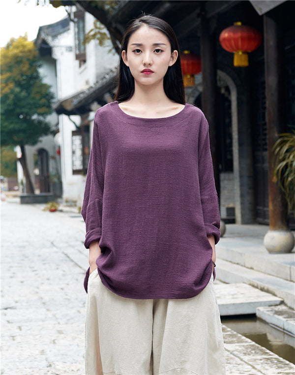 Retro Women cotton and linen Round Neck loose long-sleeved T-shirt