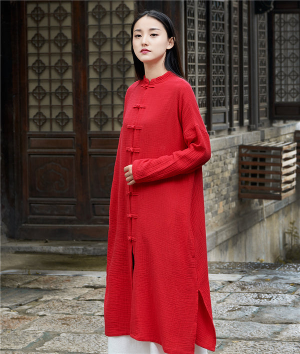 Women Retro Buckle Collar Long Sleeve Linen and Cotton Coat