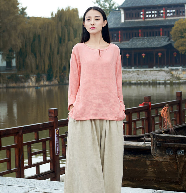 Retro Asian Style Women cotton and linen Round neck loose long-sleeved T-shirt