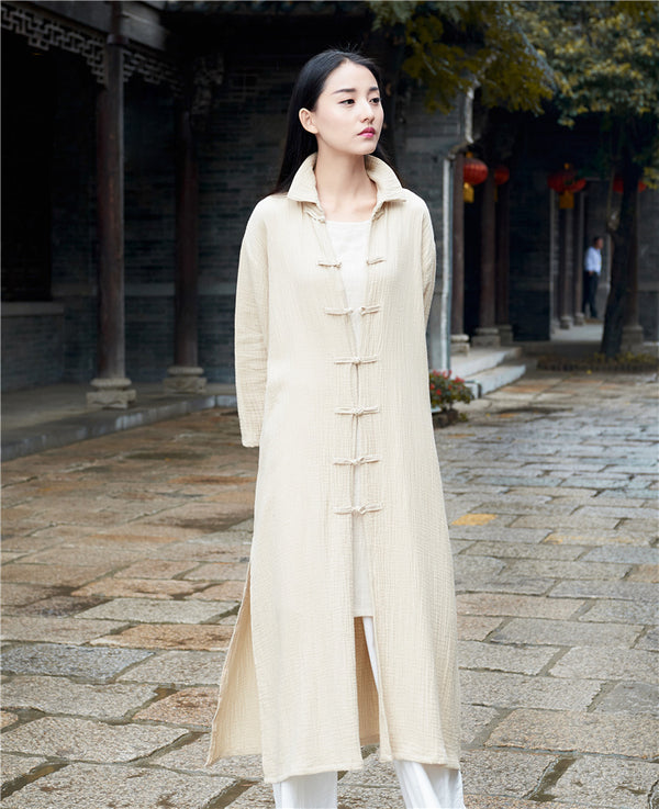 Women KungFu Style Cardigan Retro Buckle Collar Long sleeve Linen and Cotton Coat