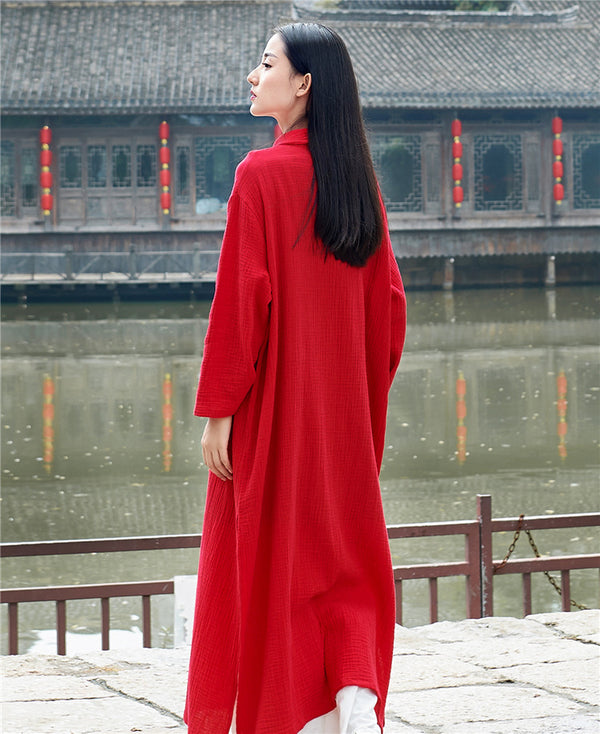 Women KungFu Style Cardigan Retro Buckle Collar Long sleeve Linen and Cotton Coat