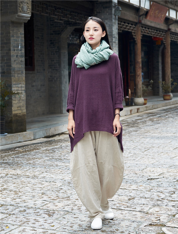 Retro Women cotton and linen Round Neck loose long-sleeved T-shirt