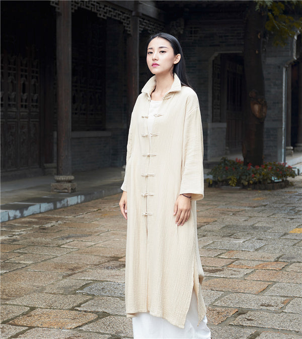 Women KungFu Style Cardigan Retro Buckle Collar Long sleeve Linen and Cotton Coat