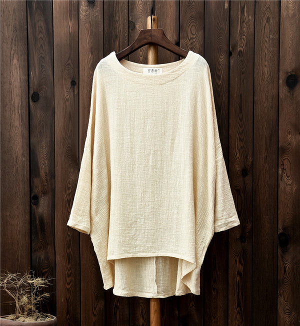 Retro Women cotton and linen Round Neck loose long-sleeved T-shirt