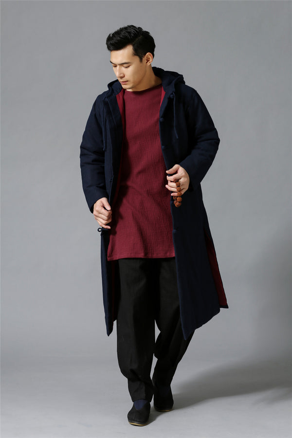 Men New Hangfu Kungfu Style Linen and Cotton Quilted Long Coat Hoodie