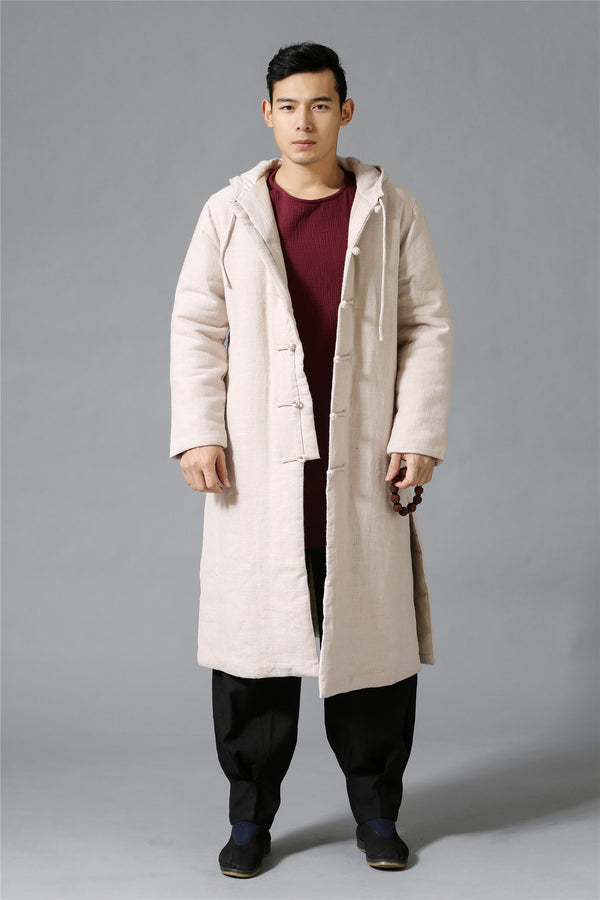 Men New Hangfu Kungfu Style Linen and Cotton Quilted Long Coat Hoodie