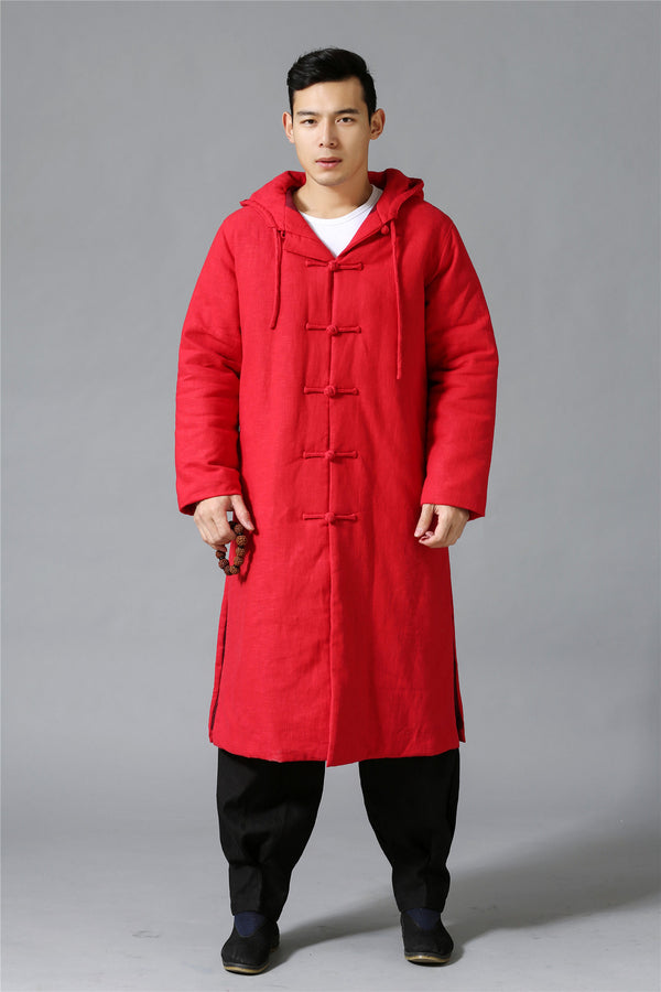 Men New Hangfu Kungfu Style Linen and Cotton Quilted Long Coat Hoodie