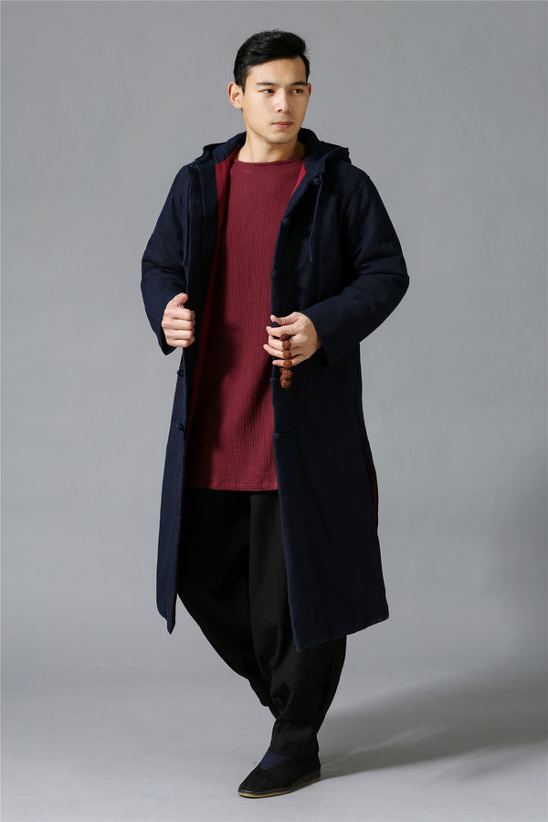 Men New Hangfu Kungfu Style Linen and Cotton Quilted Long Coat Hoodie