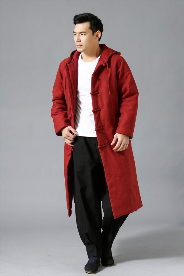 Men New Hangfu Kungfu Style Linen and Cotton Quilted Long Coat Hoodie