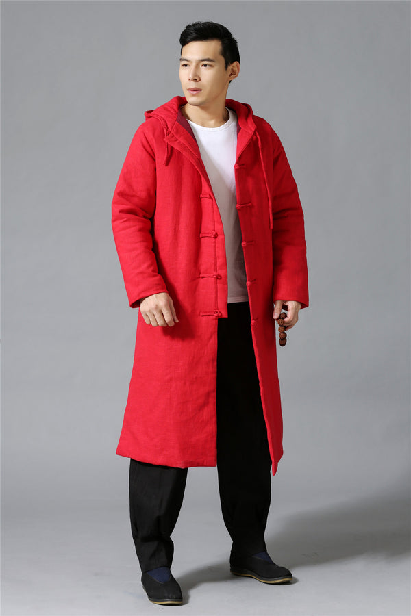 Men New Hangfu Kungfu Style Linen and Cotton Quilted Long Coat Hoodie