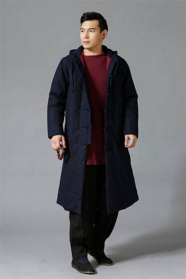 Men New Hangfu Kungfu Style Linen and Cotton Quilted Long Coat Hoodie