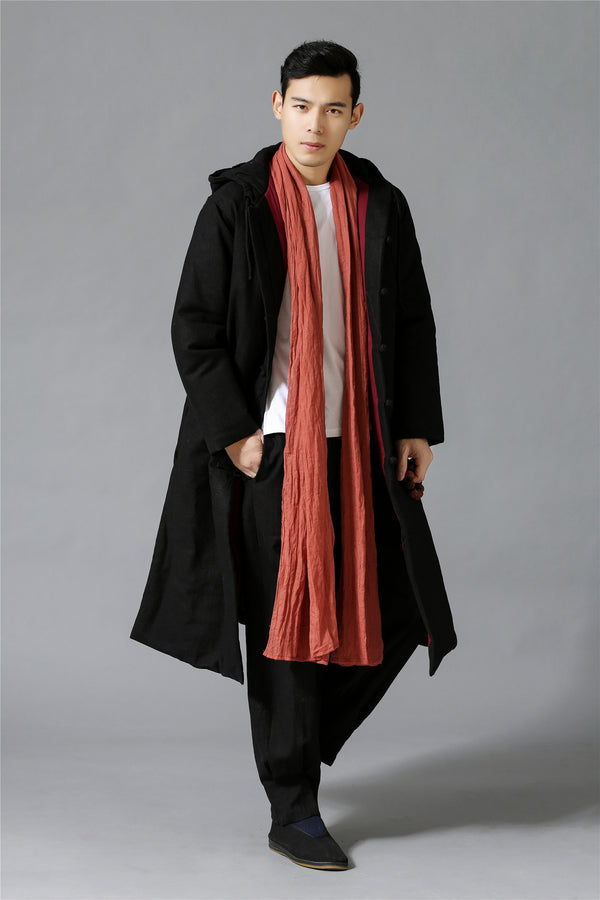 Men New Hangfu Kungfu Style Linen and Cotton Quilted Long Coat Hoodie