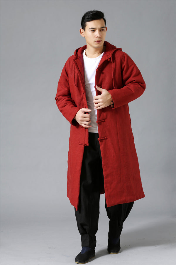 Men New Hangfu Kungfu Style Linen and Cotton Quilted Long Coat Hoodie