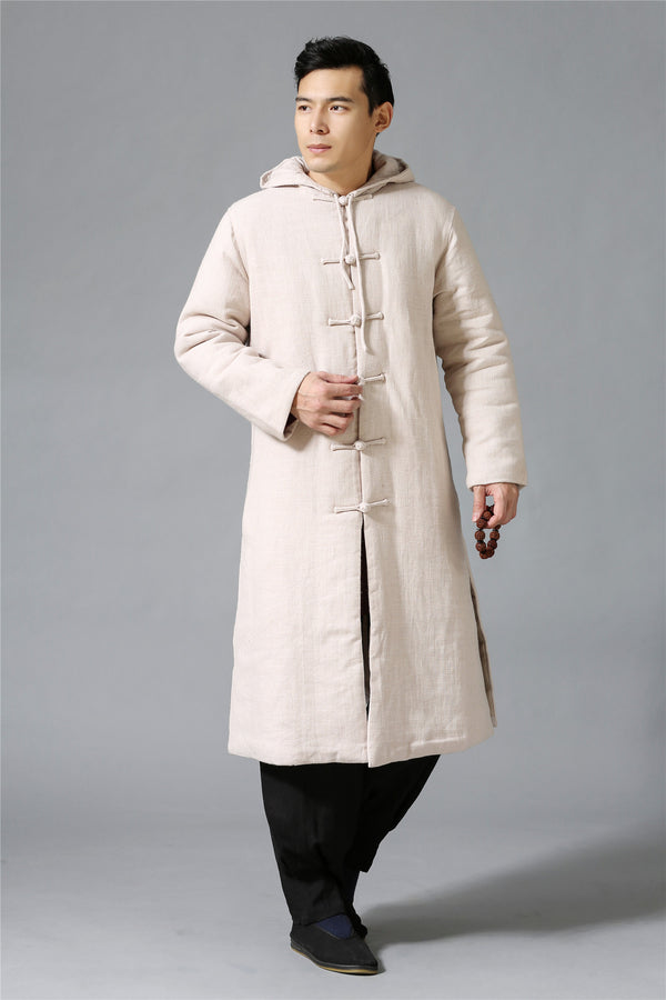 Men New Hangfu Kungfu Style Linen and Cotton Quilted Long Coat Hoodie