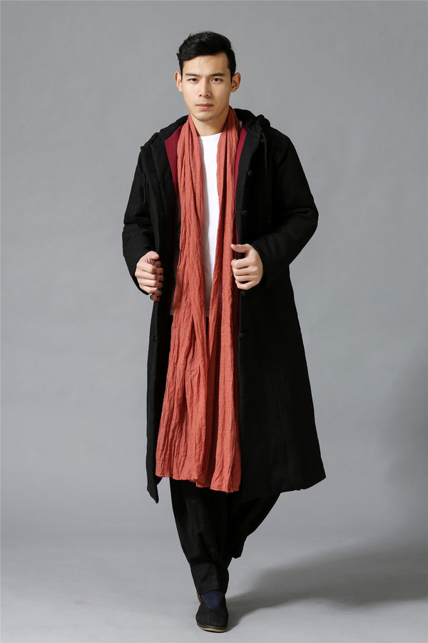 Men New Hangfu Kungfu Style Linen and Cotton Quilted Long Coat Hoodie