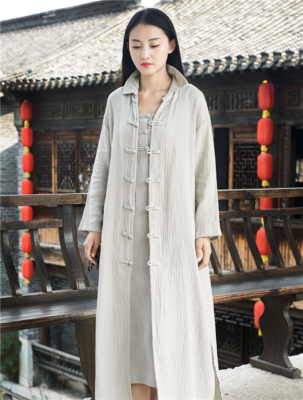 Women KungFu Style Cardigan Retro Buckle Collar Long sleeve Linen and Cotton Coat