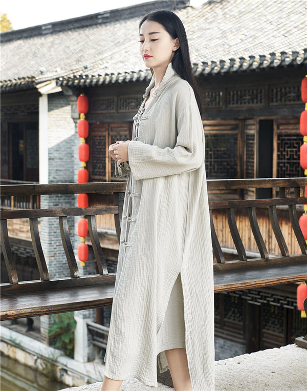 Women KungFu Style Cardigan Retro Buckle Collar Long sleeve Linen and Cotton Coat