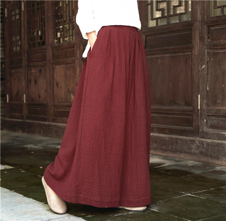 Women Loose Wide Leg Yoga Skirt Type Linen and Cotton Pants