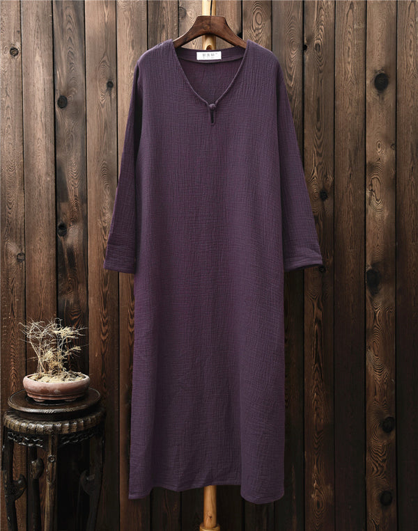 Women Retro Buckle Long Sleeved Cotton and Linen Dress