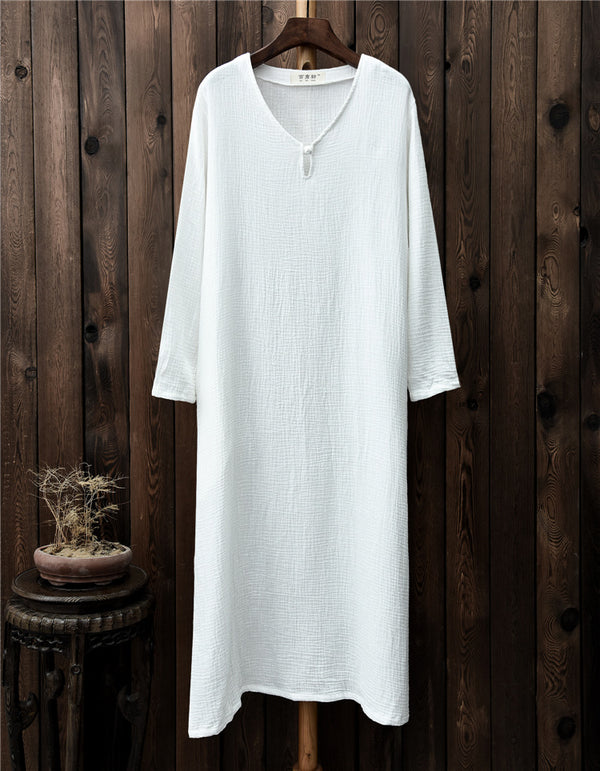 Women Retro Buckle Long Sleeved Cotton and Linen Dress