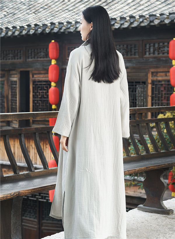 Women KungFu Style Cardigan Retro Buckle Collar Long sleeve Linen and Cotton Coat