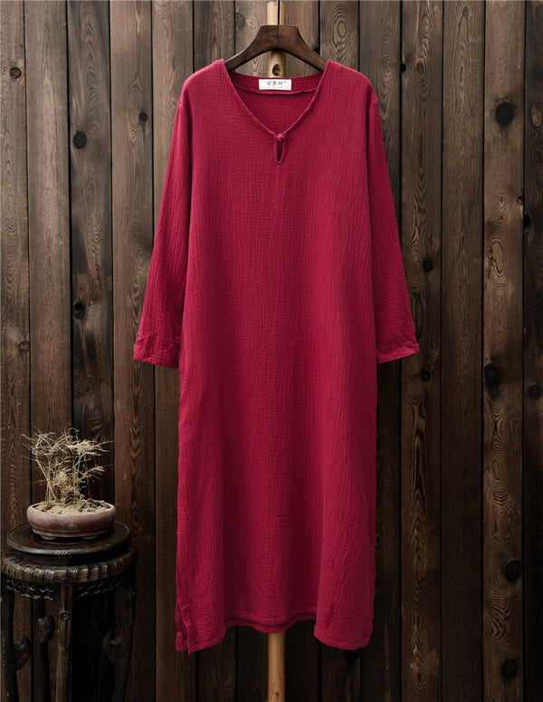 Women Retro Buckle Long Sleeved Cotton and Linen Dress