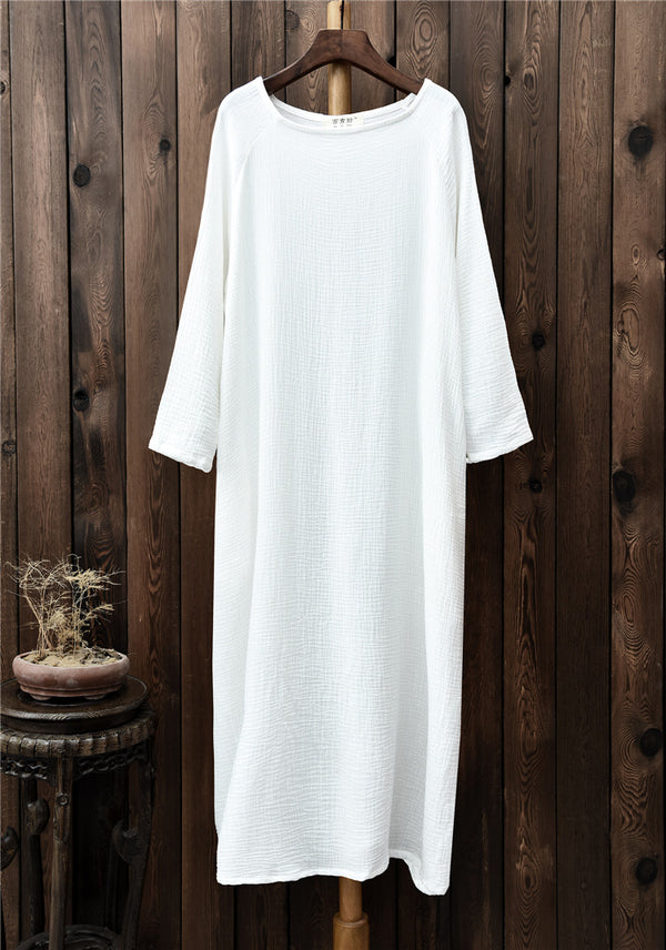 Women Retro Round Neck Long-sleeved Cotton and Linen Dress