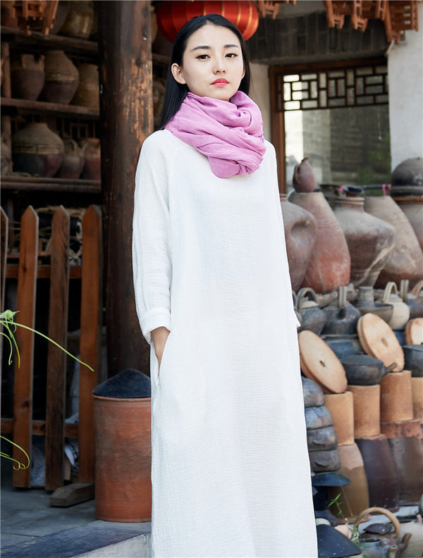 Women Retro Round Neck Long-sleeved Cotton and Linen Dress