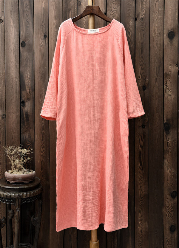 Women Retro Round Neck Long-sleeved Cotton and Linen Dress