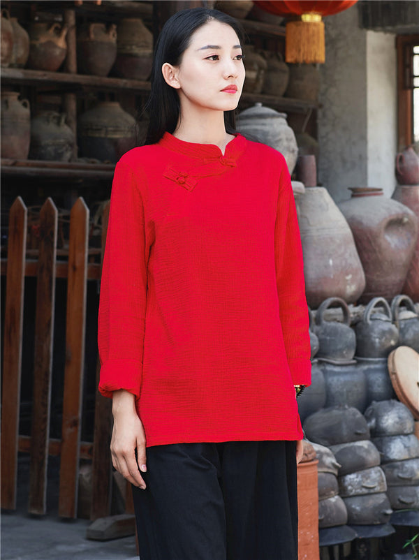 Retro Chinese Style Women cotton and linen Round neck loose long-sleeved Blouses