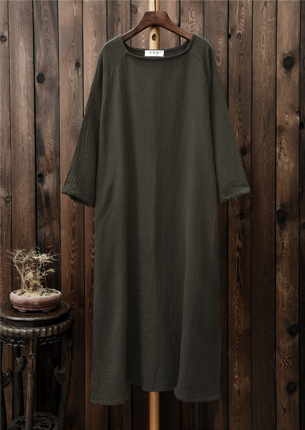 Women Retro Round Neck Long-sleeved Cotton and Linen Dress