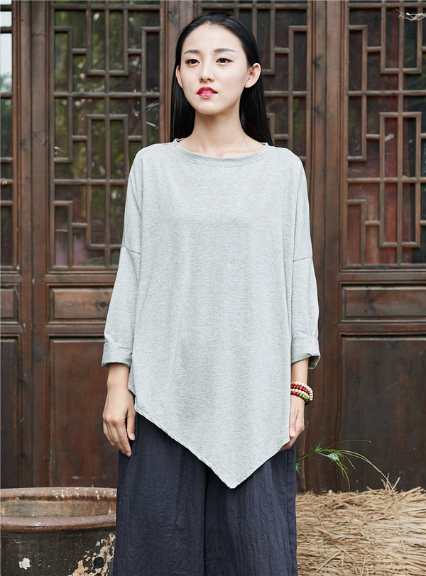 Women cotton and linen Simple Round neck loose long-sleeved T-shirt