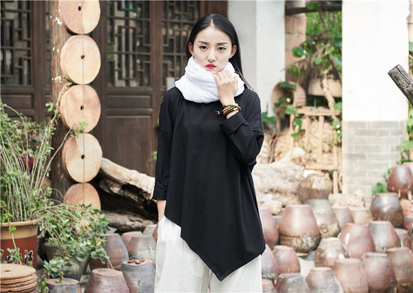 Women cotton and linen Simple Round neck loose long-sleeved T-shirt