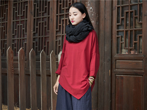 Women cotton and linen Simple Round neck loose long-sleeved T-shirt