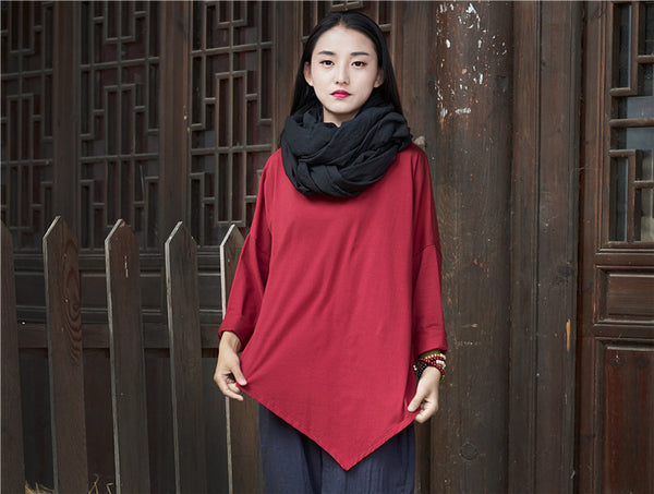 Women cotton and linen Simple Round neck loose long-sleeved T-shirt