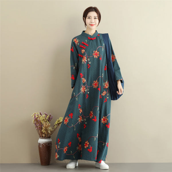 Women Linen and Cotton Chinese Style Retro Embroidered Stand Collar Buckle Ankle Length Dress