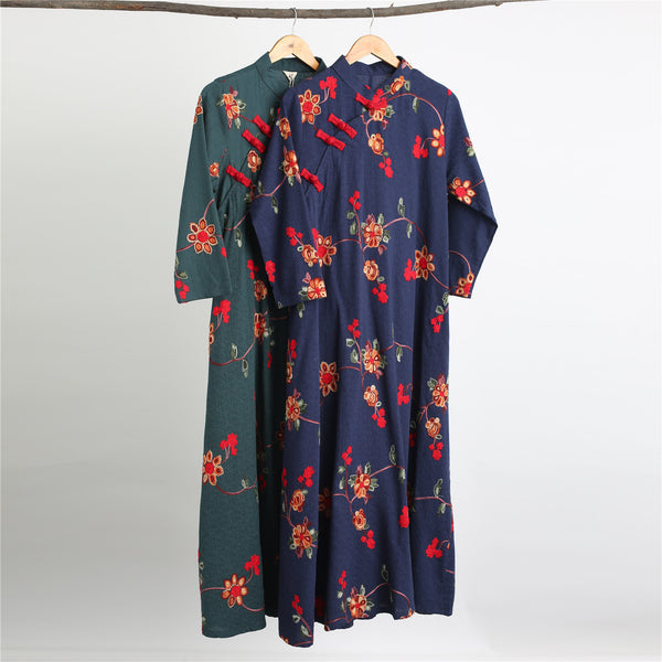 Women Linen and Cotton Chinese Style Retro Embroidered Stand Collar Buckle Ankle Length Dress