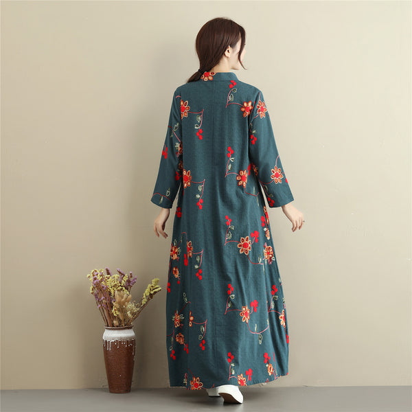 Women Linen and Cotton Chinese Style Retro Embroidered Stand Collar Buckle Ankle Length Dress