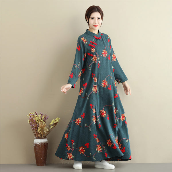 Women Linen and Cotton Chinese Style Retro Embroidered Stand Collar Buckle Ankle Length Dress